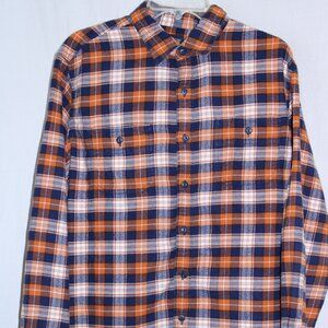 J Crew Flannel Shirt Men Large Orange Blue Plaid Lumberjack Button Up Casual
